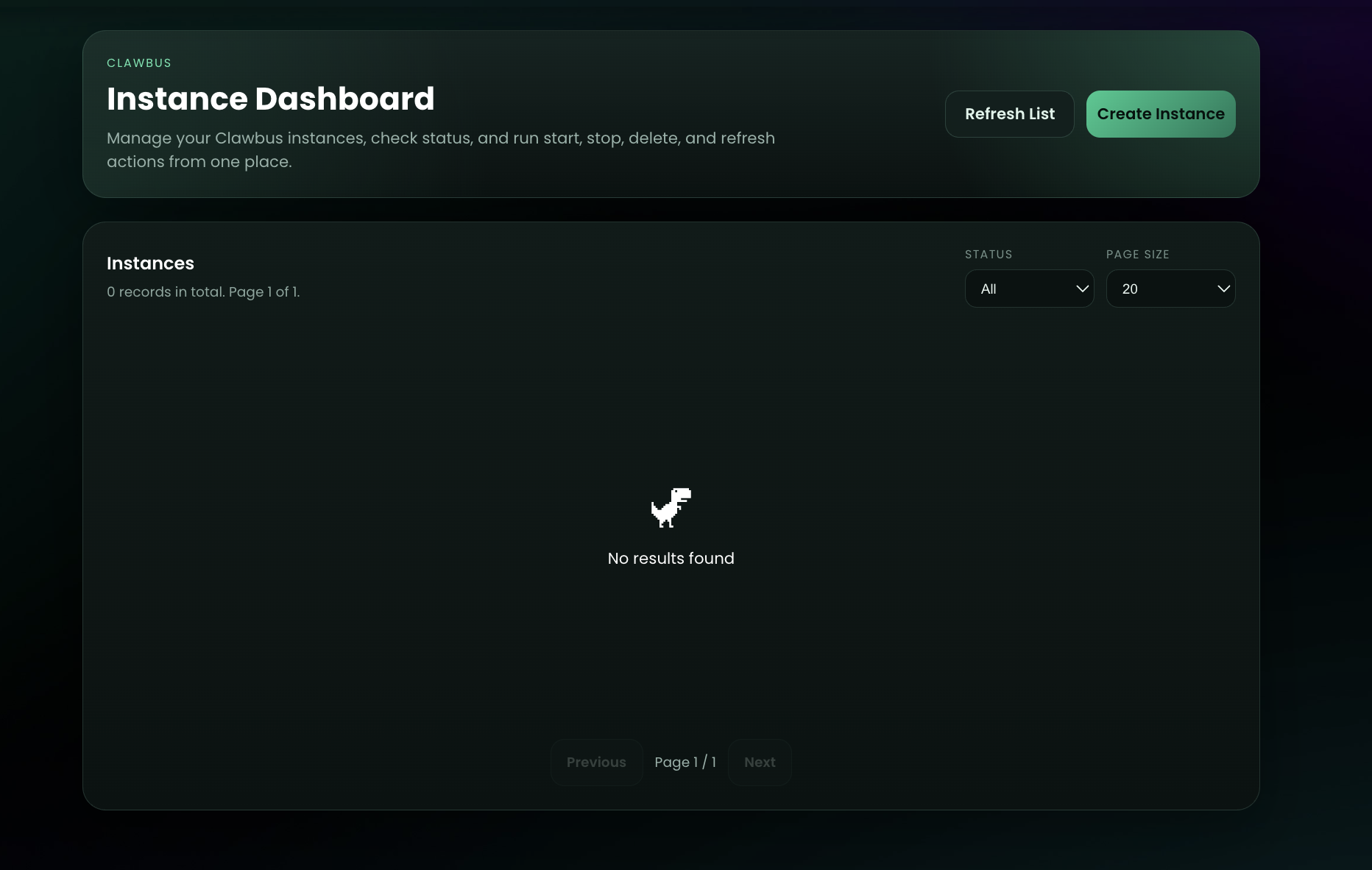 Empty instance dashboard