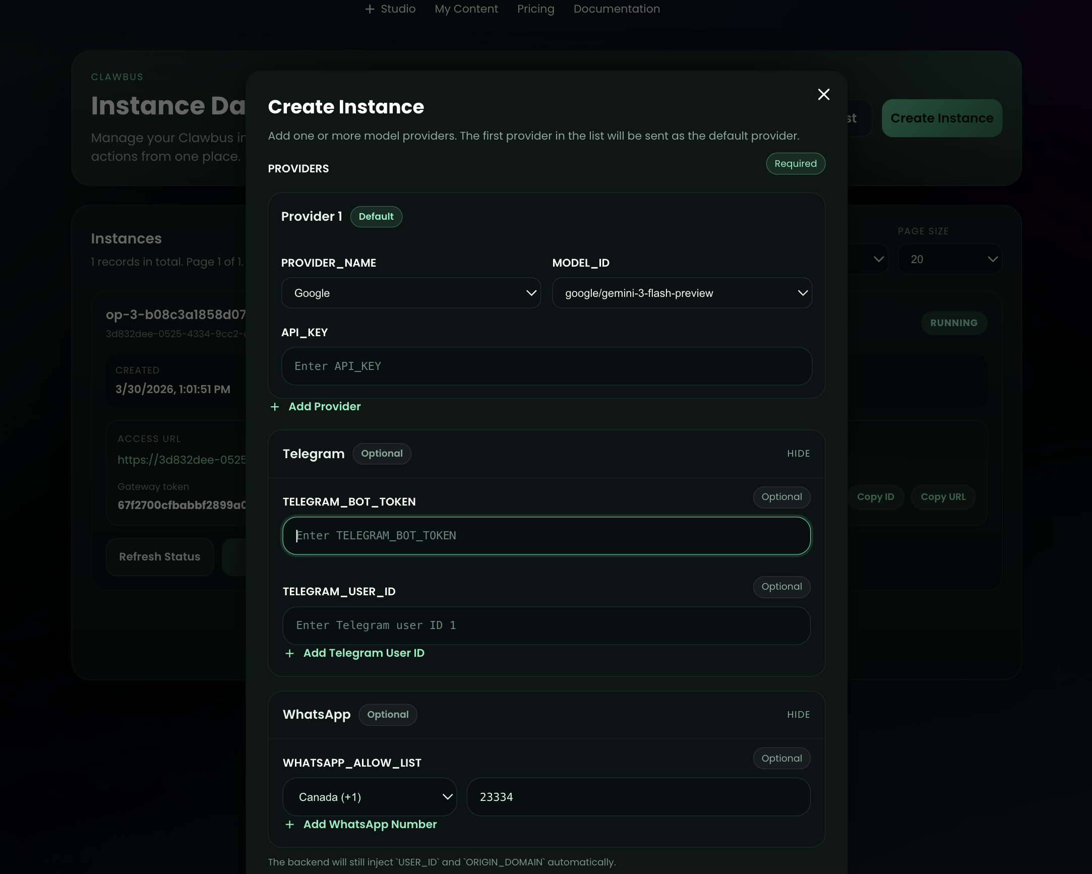 Create instance modal