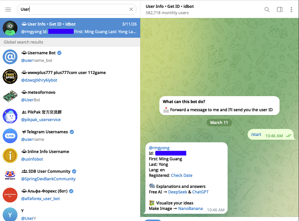 Get Telegram user ID using idbot